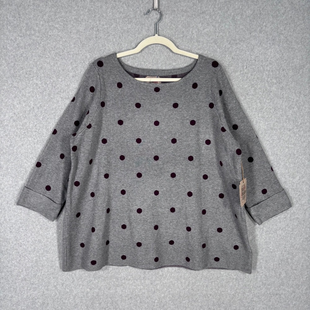 Arabella Addison Polka‎ Dot Sweater 2X Gray Burgundy Super Soft Artsy Lagenlook
